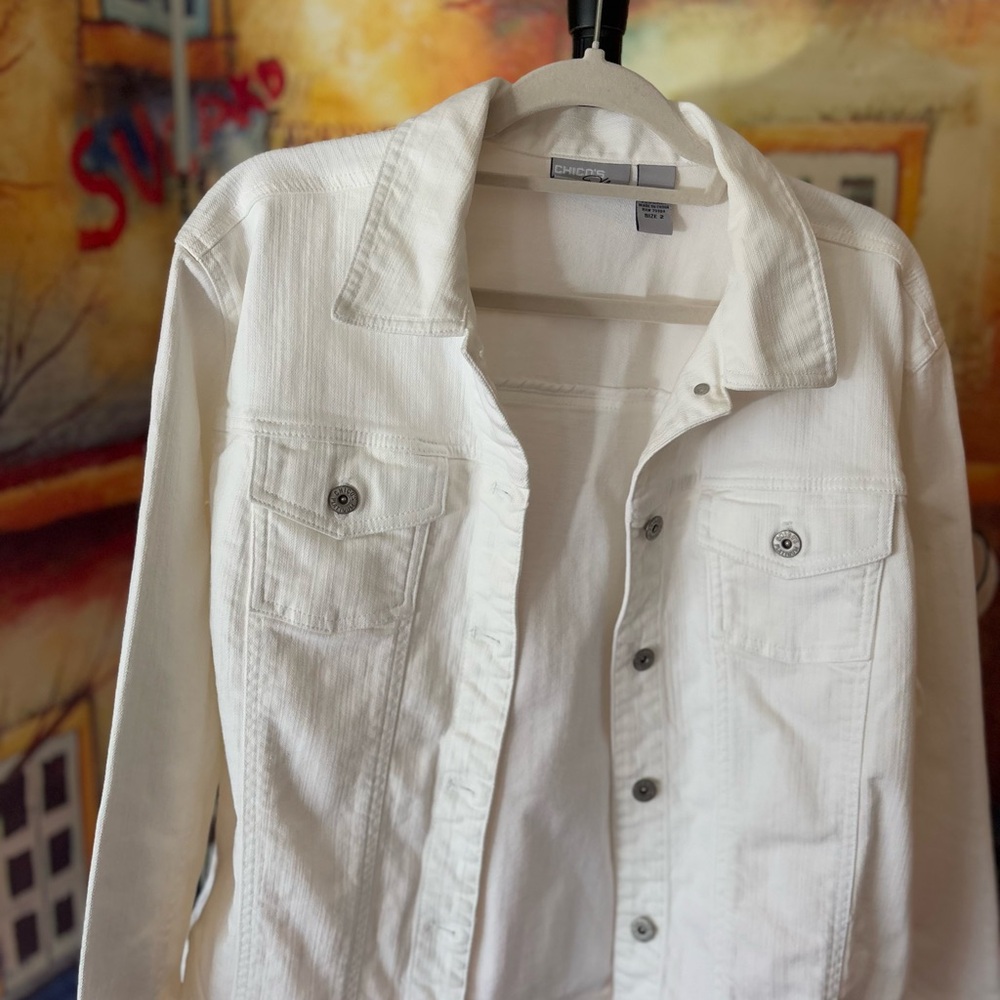 Chico's Platinum White Denim Trucker Jacket - Size L - Picture 5 of 5